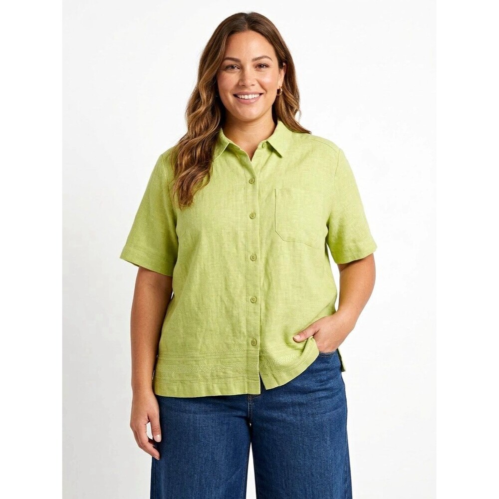Sage Green Linen Blend Button Down Top Embroidered Hem Cottagecore Earthy 2X